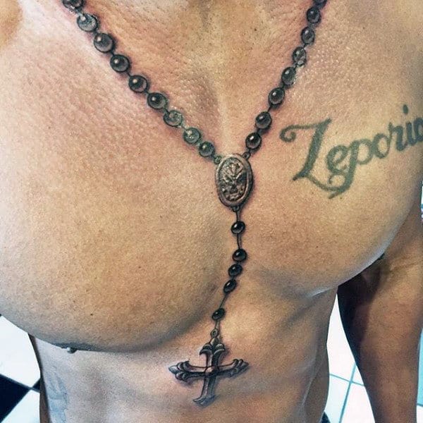 Mens Rosary Tattoos Around Neck And On Chest