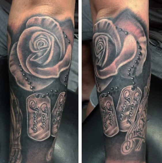 Mens Rose Dog Tag Tattoo Designs