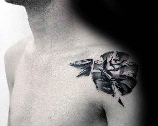 Mens Rose Flower Brush Stroke Shoulder Tattoo