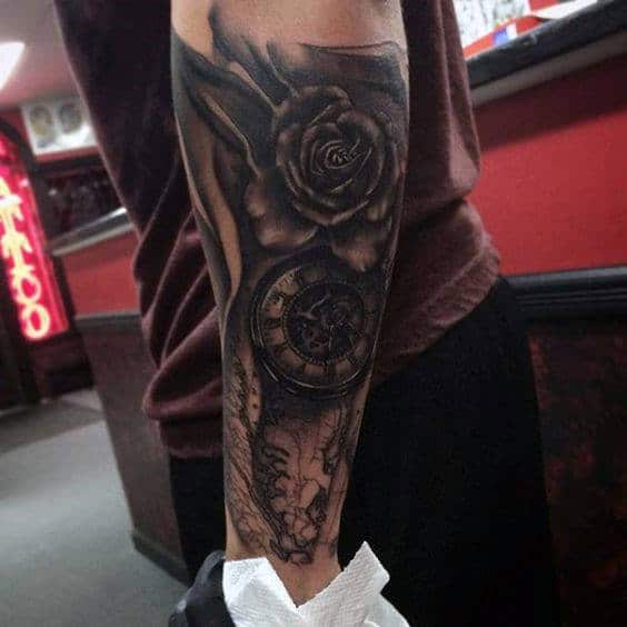 Mens Rose Flower Forearm Tattoos With Black Ink