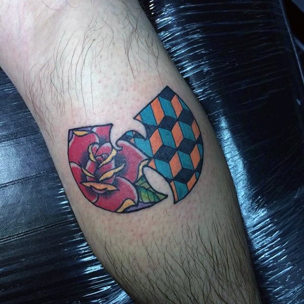 Mens Rose Flower Geometric Wu Tang Leg Calf Tattoos