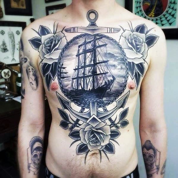 Mens Rose Flower With Anchor And Sailing Ship Chest Tattoo