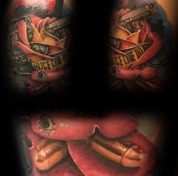 Mens Rose Flower With Bullets Police Themed Tattoo On Arm