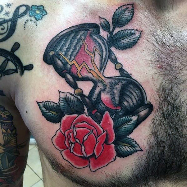 Mens Rose Flower With Hourglass Traditional Upper Chest Tattoo