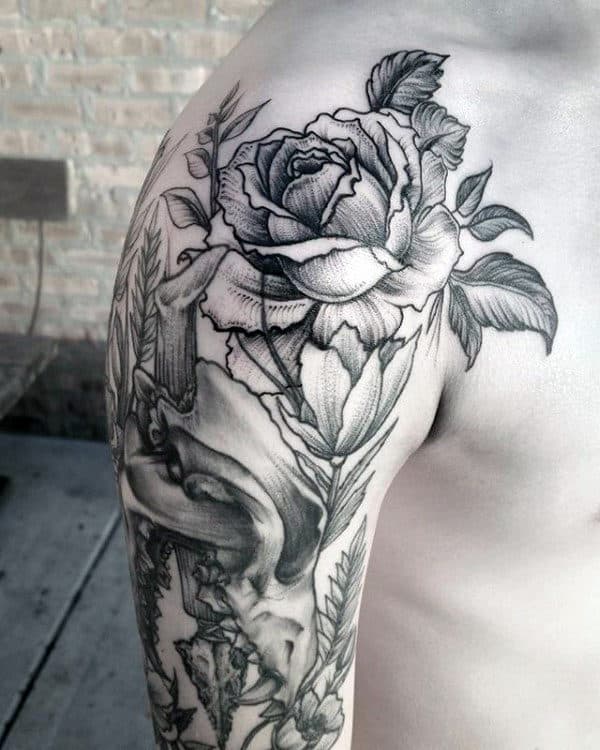 Mens Rose Flower With Wolf Skull Arm Tattoos