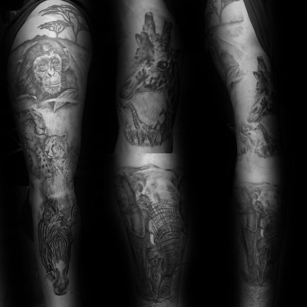 Mens Safari Landscape Animals Zebra Full Sleeve Tattoo