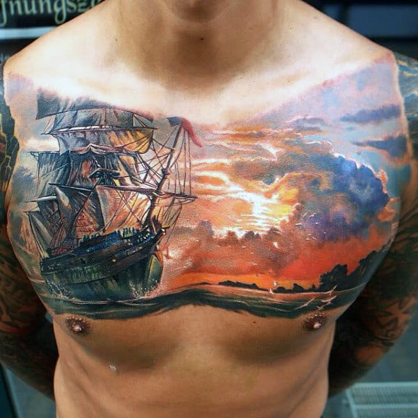 Mens Sailing Ship And Sunset Chest Piece Stylish Tattoo