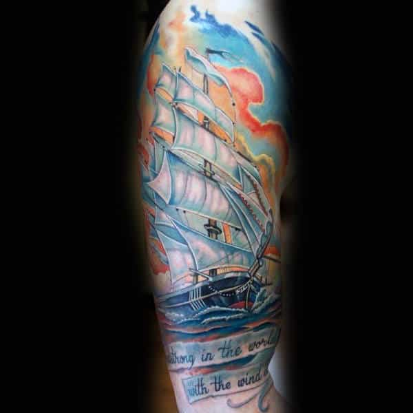 Mens Sailing Ship At Sunset Traditional Style Half Sleeve Tattoo