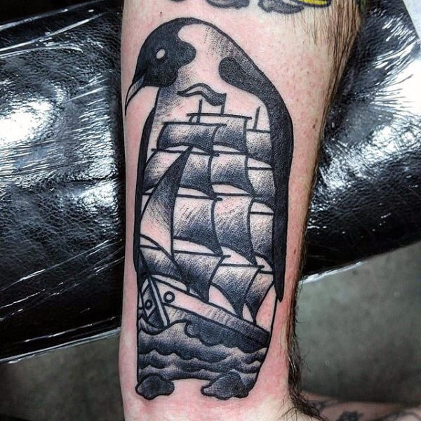 Mens Sailing Ship Old School Penguin Tattoo On Leg