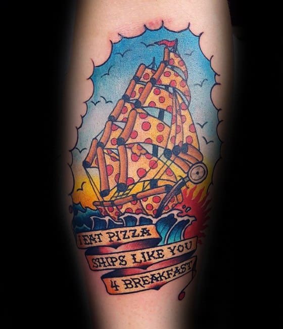 Mens Sailing Ship Pizza Tattoo Ideas On Leg
