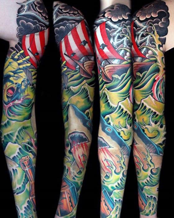 Mens Sailing Ship Shark Tattoo Sleeve Designs
