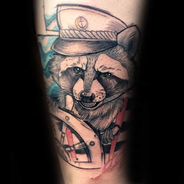 Mens Sailor Raccoon With Ship Wheel Watercolor Arm Tattoo