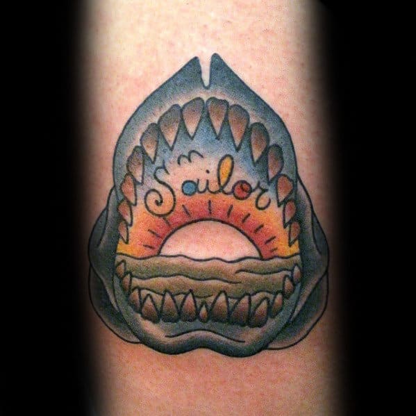 Mens Sailor Shark Jaw Sunset Old School Arm Tattoo