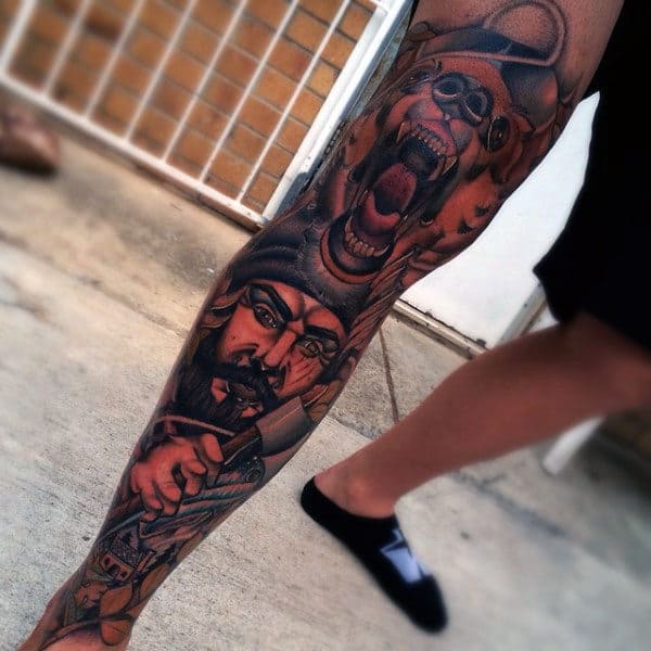Mens Sailor With Bear Knee Tattoo
