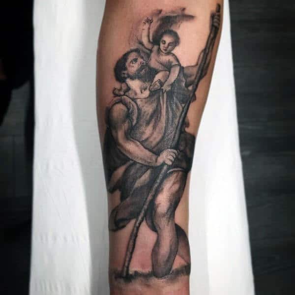 Mens Saint Christopher Inner Forearm Shaded Black And Grey Ink Tattoo Design Ideas