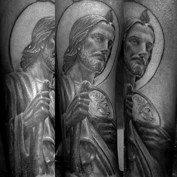 Mens Saint Jude Religious Sleeve Tattoo On Forearm