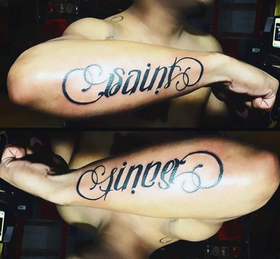 Mens Saint Sinner Ambigram Tattoos On Outer Forearm