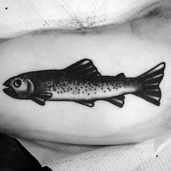 Black and grey realistic salmon tattoo with bold shading and fine dotwork, placed on the arm for a simple yet detailed design.