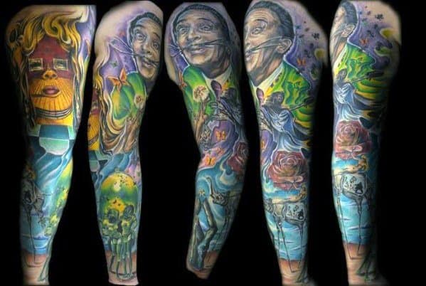 Vivid full sleeve tattoo inspired by Salvador Dali, blending surreal portraits, melting clocks, dreamlike landscapes, and cosmic fantasy elements.