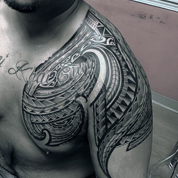 Mens Samoan Tribal Remarkable Chest And Shoulder Tattoos