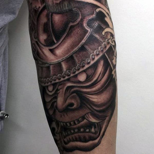 Mens Samurai Mask Dark Shaded Forearm Tattoo