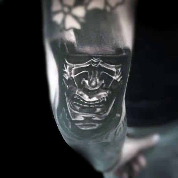 Mens Samurai Mask Shaded Elbow Tattoo