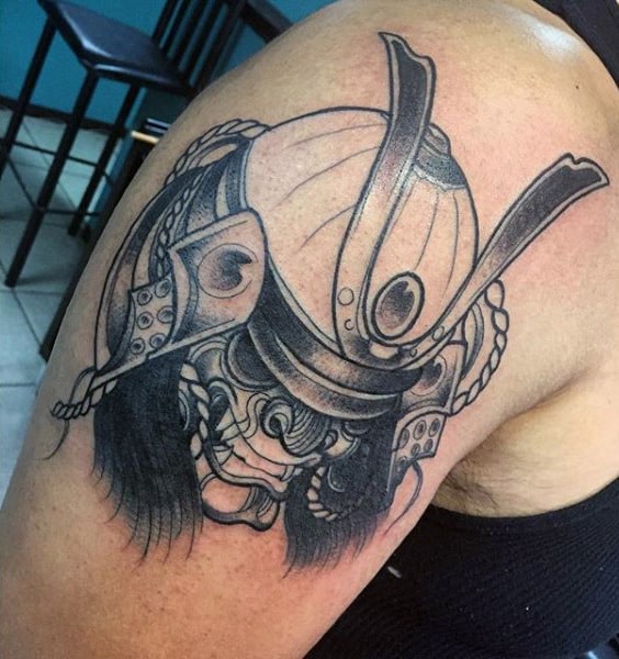 Mens Samurai Mask Simple Upper Arm Tattoo