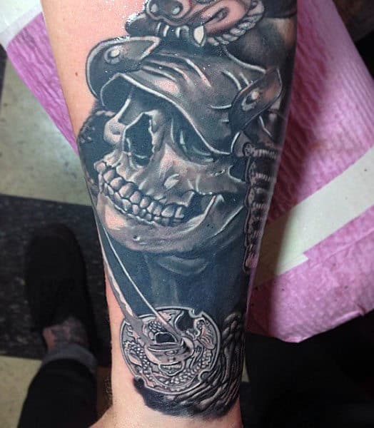 Mens Samurai Sword Tattoo With Skeleton Helmet