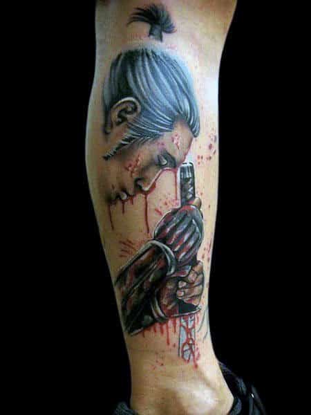 Tattoo depicting a samurai warrior holding a sword with blood splatters