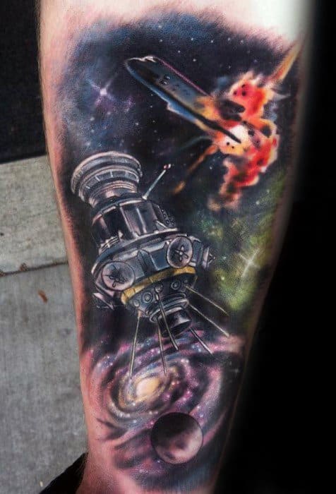 Mens Satellite Outer Space With Space Shuttle Leg Tattoo Design Ideas