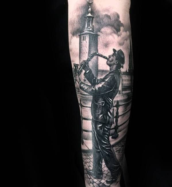 Mens Saxophone Player Forearm Sleeve Tattoo Ideas
