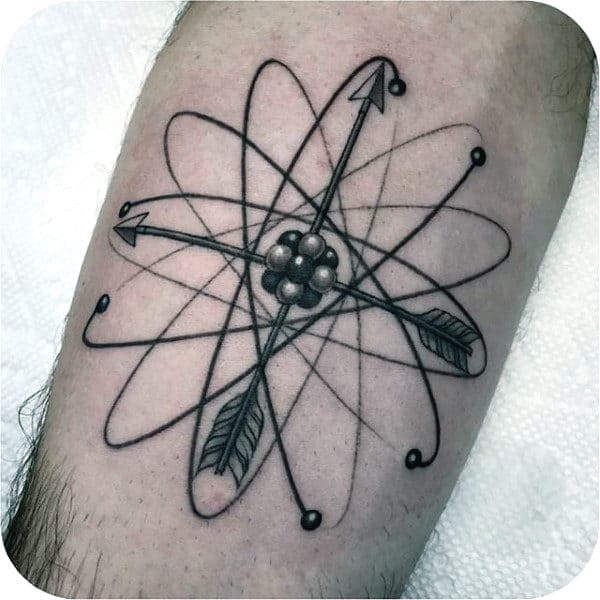 Mens Science Tattoos On Fore Arm Of Atom And Arrows