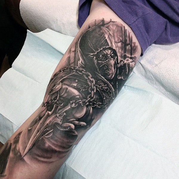 Mens Scorpion Mortal Kombat Tattoo On Arms With Shaded Black And Grey Ink