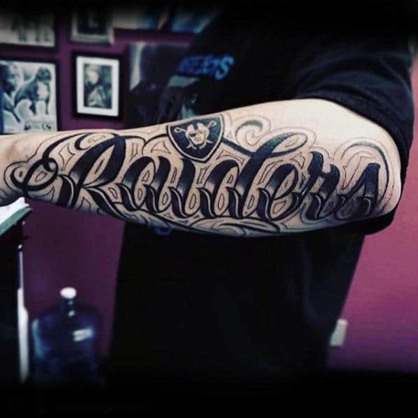 Mens Script Oakland Raiders Outer Forearm Tattoos