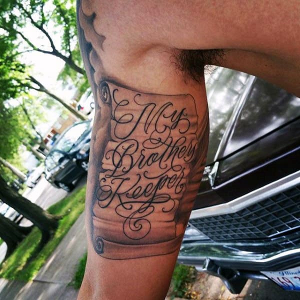 Mens Scroll My Brothers Keeper Inner Arm Bicep Tattoos