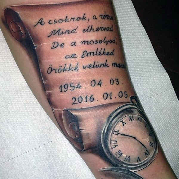 Mens Scroll With Pocket Watch Forearm Tattoo