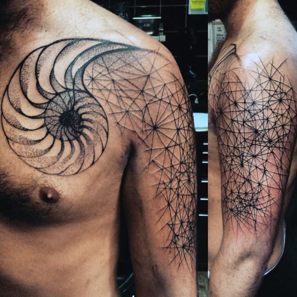 Mens Seashell Fibonacci Spiral Arm And Chest Tattoos