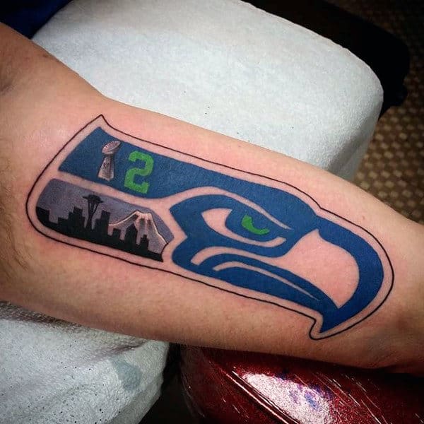 Mens Seattle Seahawks Skyline Forearm Tattoo