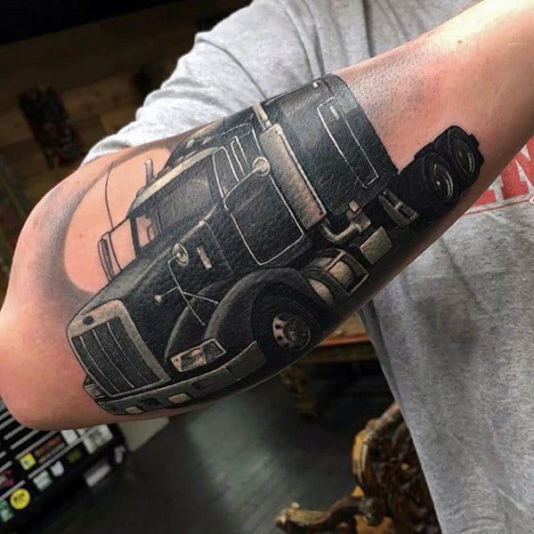 Mens Semi Truck Outer Forearm Tattoo Designs
