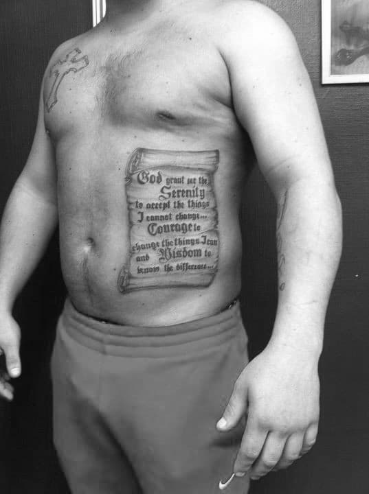 Mens Serenity Prayer Scroll Tattoo Ideas On Rib Cage Side Of Body