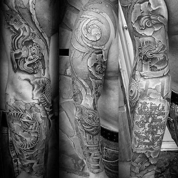 Mens Shaded 3d Tribal Full Arm Sleeve Tattoo