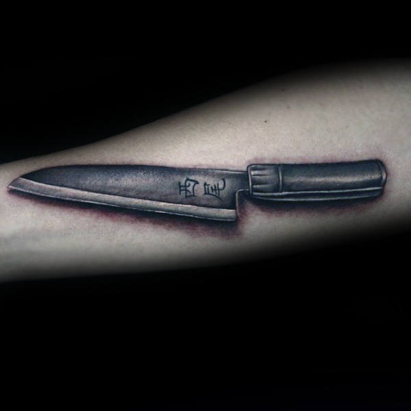 Mens Shaded Black And Grey Ink Chef Knife Tattoos