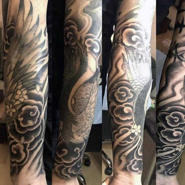 Mens Shaded Black And Grey Ink Japanese Clouds With Flying Crane Tattoo Sleeve