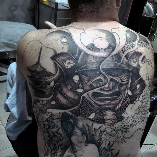 Mens Shaded Black And Grey Ink Samurai Helmet Full Back Tattoos