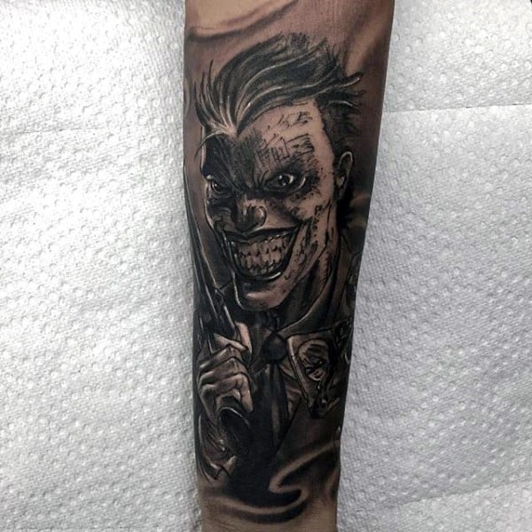 Mens Shaded Black And Grey Ink Sleeve Tattoo On Forearm With Joker Design