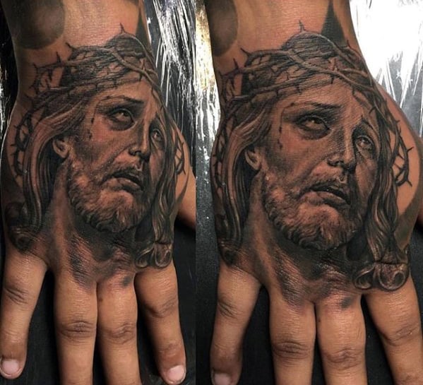 Mens Shaded Black And Grey Jesus Hand Tattoo