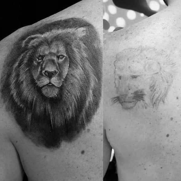 Mens Shaded Black And Grey Lion Tattoo Cover Up Ideas On Shoulder