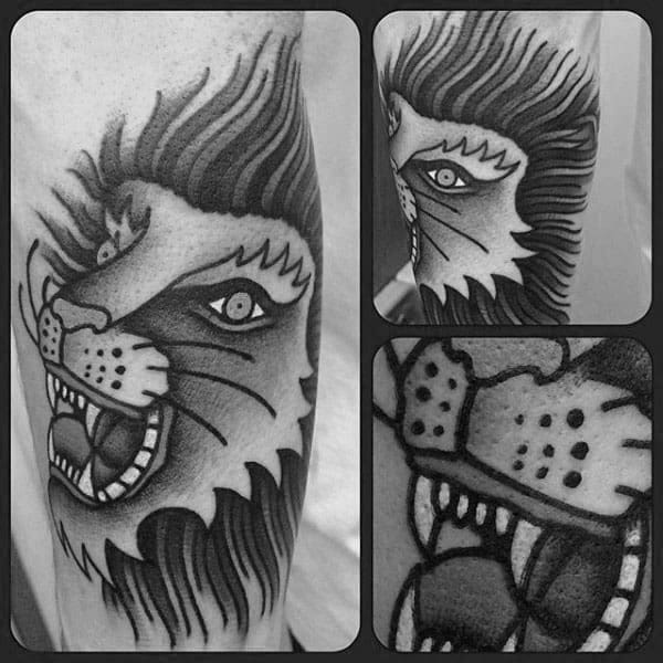 Mens Shaded Black And Grey Lion Traditional Forearm Tattoos