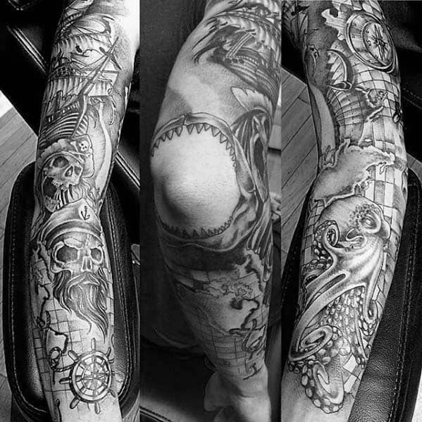 Mens Shaded Black And Grey Nautical Sleeve Tattoo Ideas