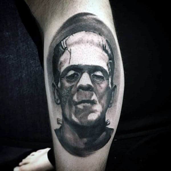 Mens Shaded Black And Grey Portrait Of Frankenstein On Lower Leg